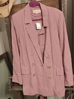 Free People Dusty Mauve Double-Breasted Linen Blazer